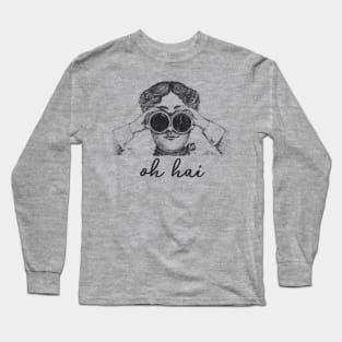 'Oh hai' Woman with Binoculars Funny Vintage Illustration Long Sleeve T-Shirt